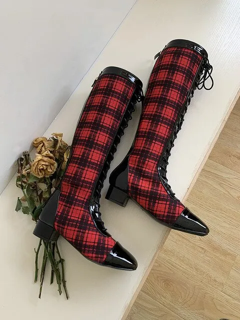 Shoes Woman Ladies Boots Square Toe Zapatos De Mujer Lace Up Bottes Femme Mixed Colors Stitching Boots Knee High Boots