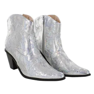 SILVER Sequin & Embroidered Boots w/ Zipper