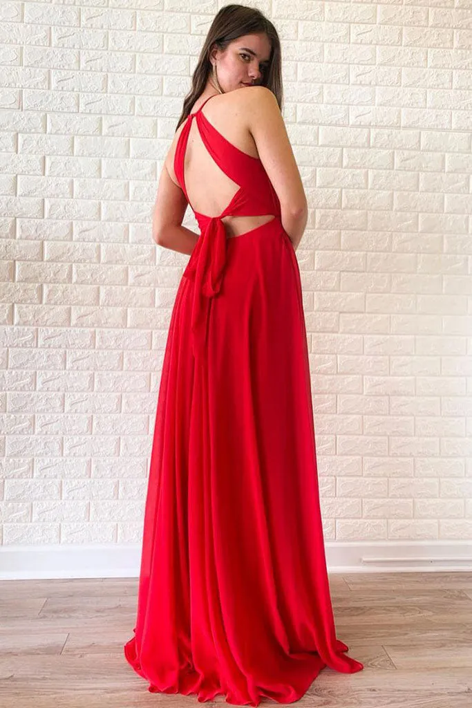 Simple A Line Red Chiffon Halter Strapless Long Open Back Prom Dress With Slit OHC396