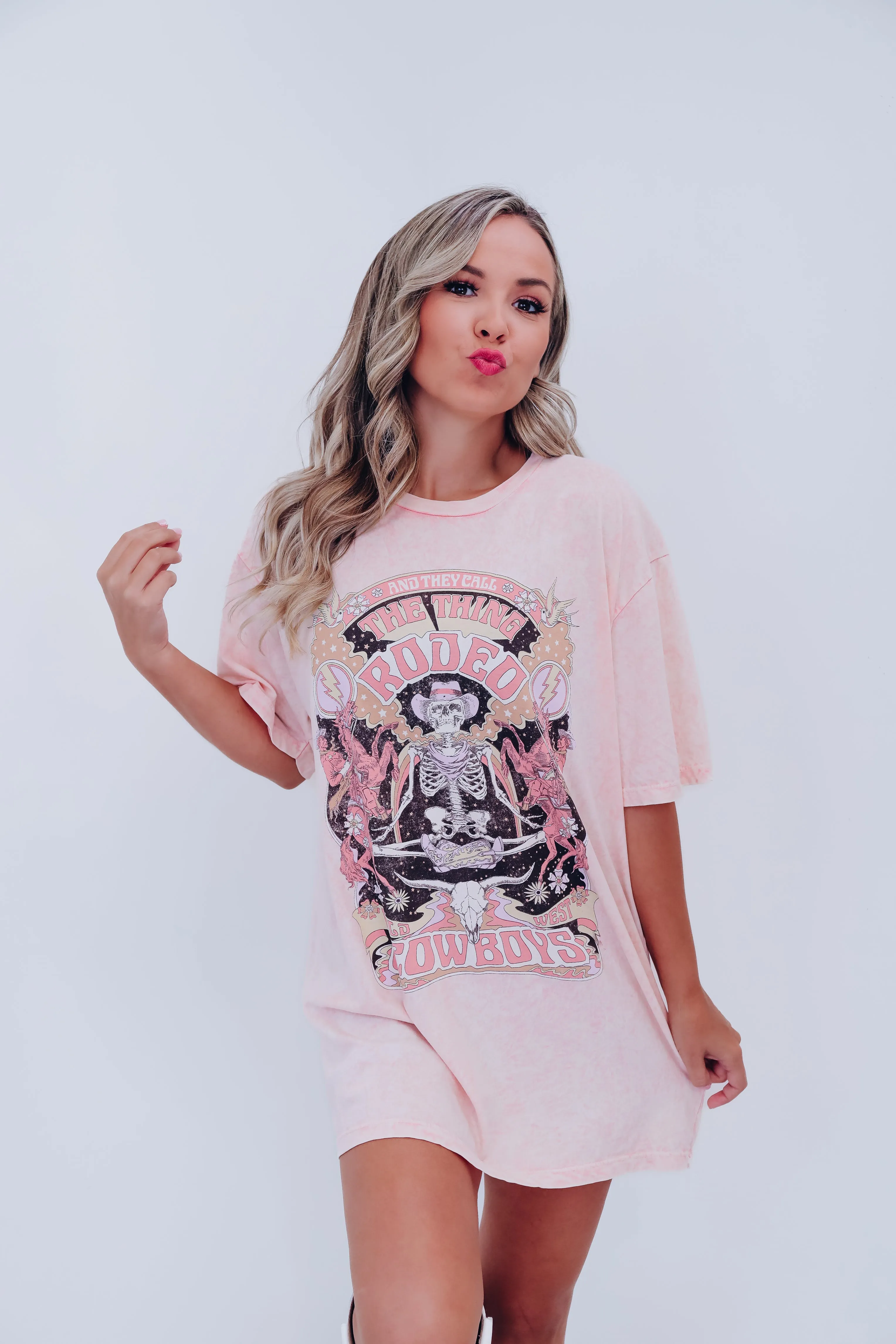 Skeleton "They Call... Rodeo" Graphic Tee - Pink
