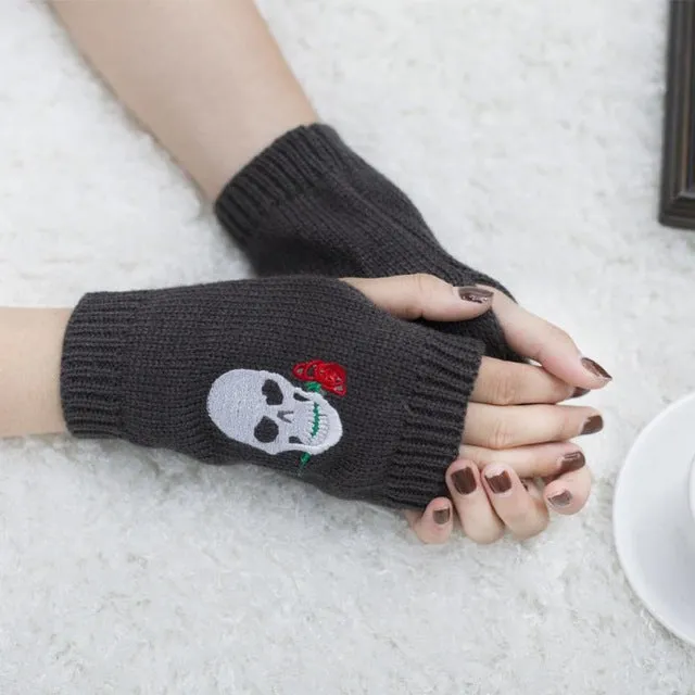 Skull Knitted Fingerless Gloves