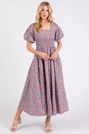 Smocked Floral Square Neck Puff Sleeve Midi Dress