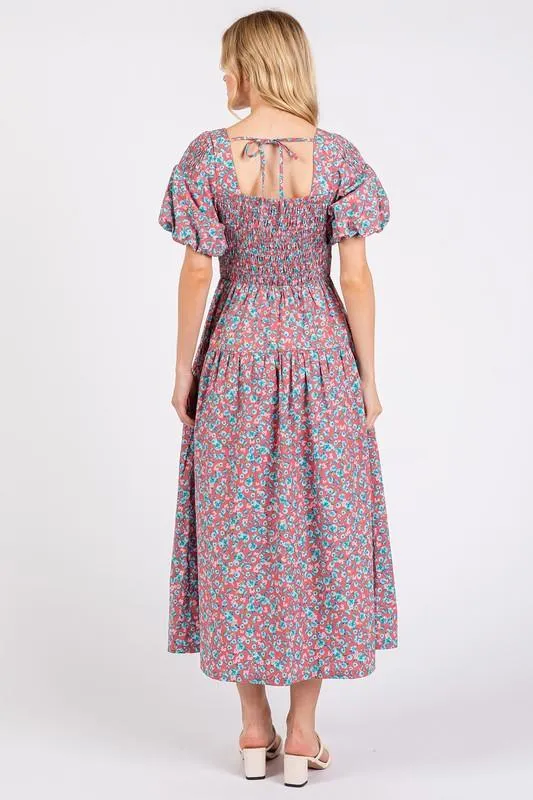 Smocked Floral Square Neck Puff Sleeve Midi Dress