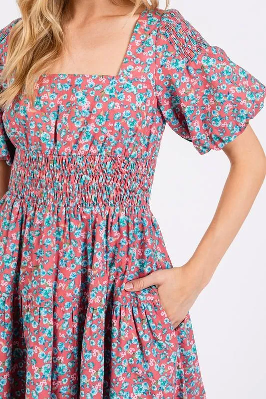 Smocked Floral Square Neck Puff Sleeve Midi Dress