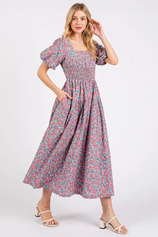 Smocked Floral Square Neck Puff Sleeve Midi Dress