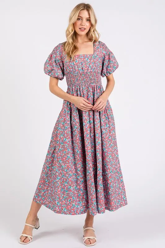 Smocked Floral Square Neck Puff Sleeve Midi Dress