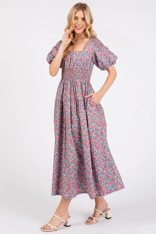 Smocked Floral Square Neck Puff Sleeve Midi Dress