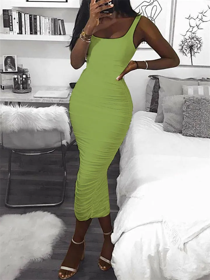 Solid Color Square Neck Sleeveless Slim Dress