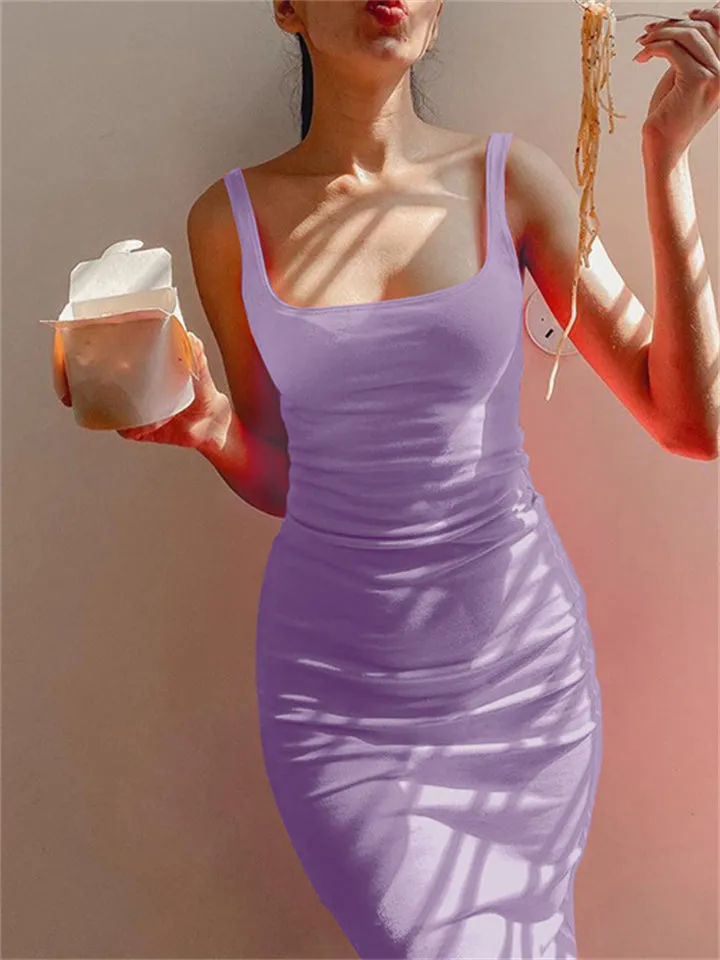 Solid Color Square Neck Sleeveless Slim Dress