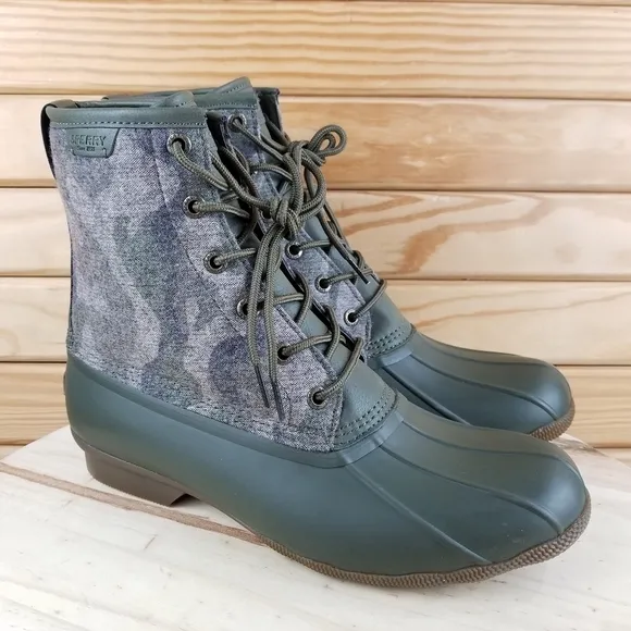Sperry Top-Sider Men's 10.5 Saltwater Camo Duck Boots Lace-up Green STS23702 NEW