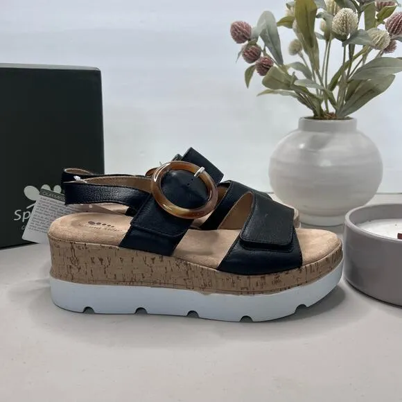 Spring Step Abarah Leather Wedge Sandal Black Women's 37/6.5-7 M NWB Comfort