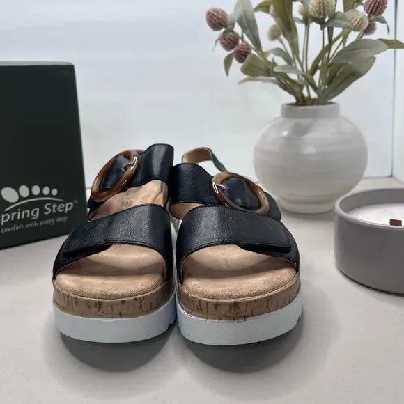 Spring Step Abarah Leather Wedge Sandal Black Women's 37/6.5-7 M NWB Comfort