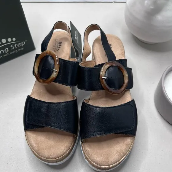 Spring Step Abarah Leather Wedge Sandal Black Women's 37/6.5-7 M NWB Comfort