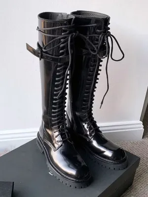 Steampunk Lolita Boots PU Leather Metallic Lace Up Round Toe Black Lolita Footwear