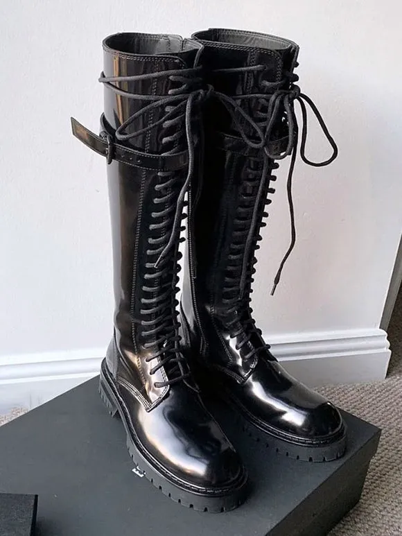 Steampunk Lolita Boots PU Leather Metallic Lace Up Round Toe Black Lolita Footwear