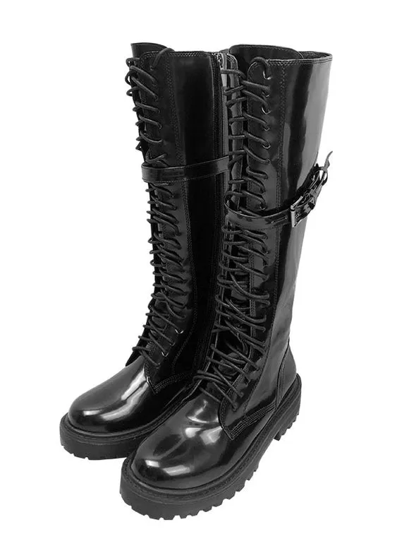 Steampunk Lolita Boots PU Leather Metallic Lace Up Round Toe Black Lolita Footwear
