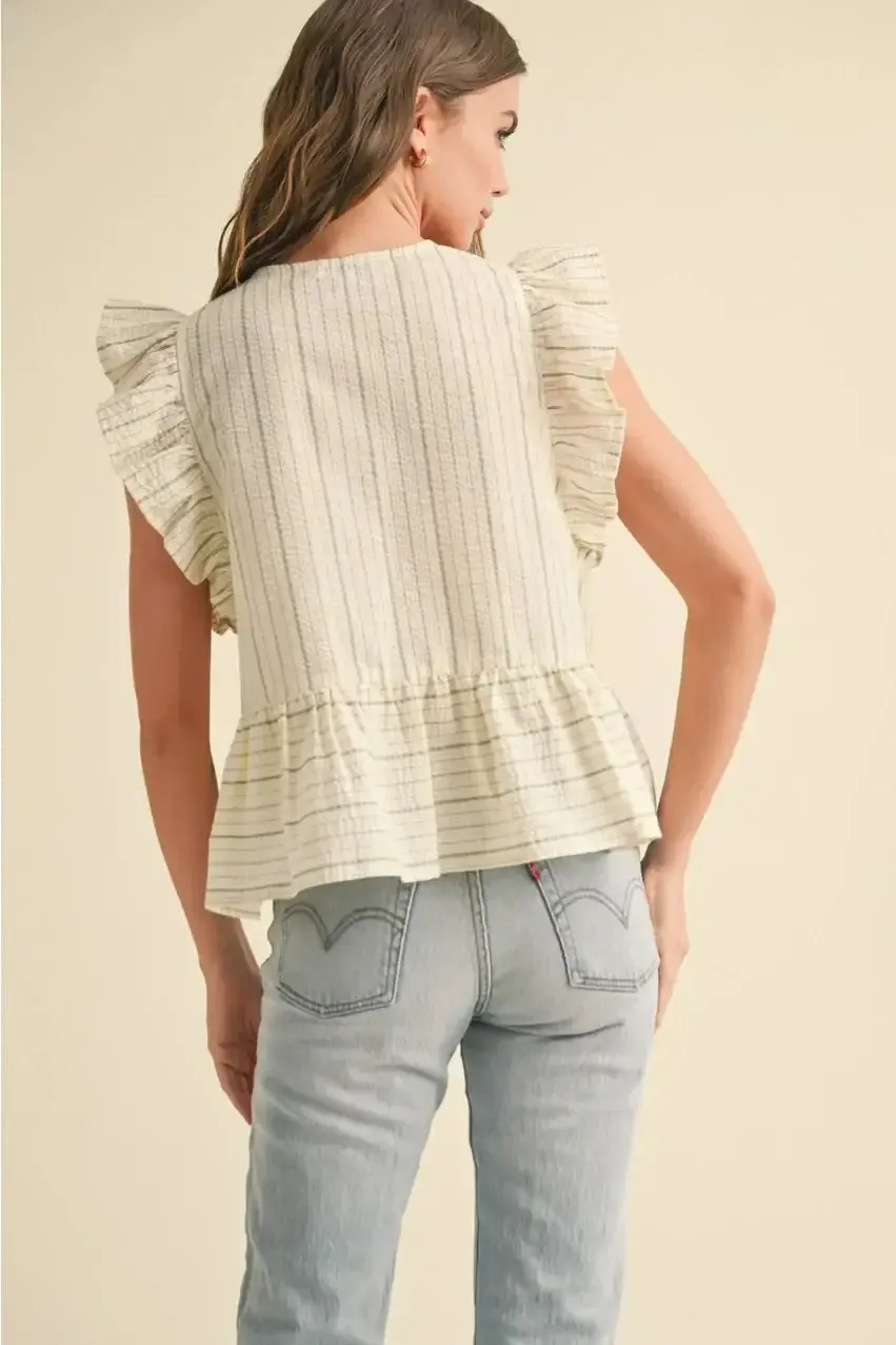 STRIPED WITH TIE FRONT RUFFLE SLEEVELESS BLOUSE