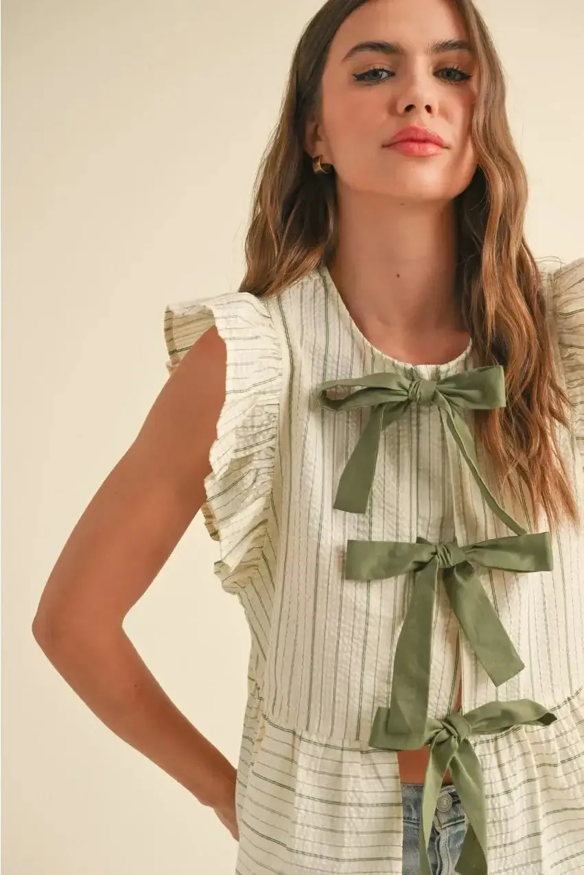 STRIPED WITH TIE FRONT RUFFLE SLEEVELESS BLOUSE