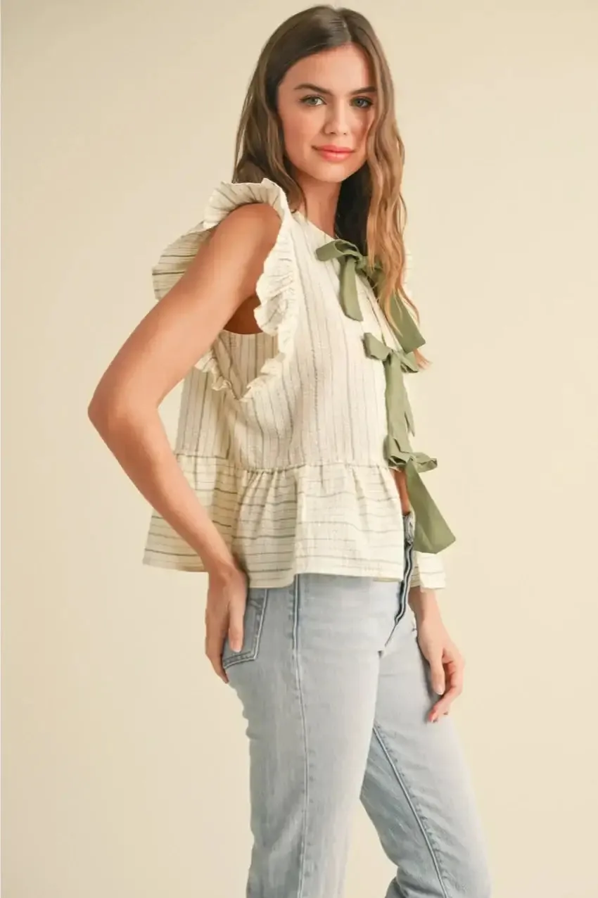 STRIPED WITH TIE FRONT RUFFLE SLEEVELESS BLOUSE