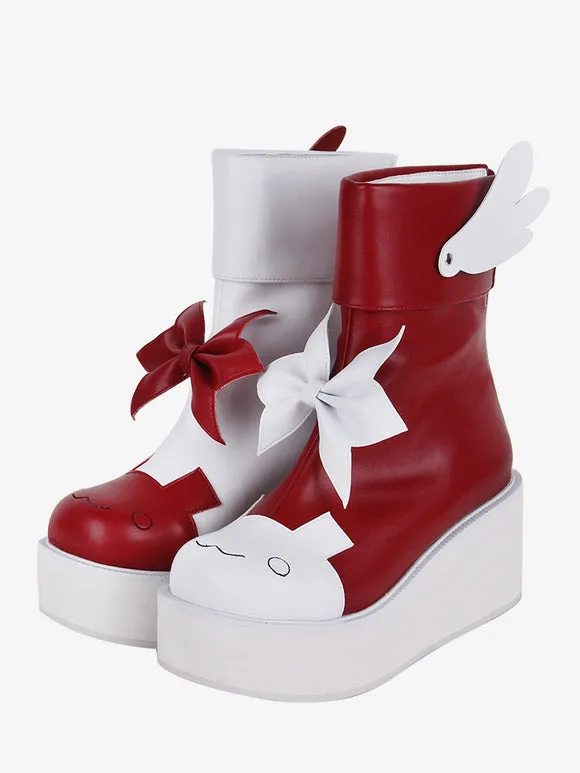 Sweet Lolita Boots Red Butterfly Two-Tone Round Toe PU Leather Lolita Footwear
