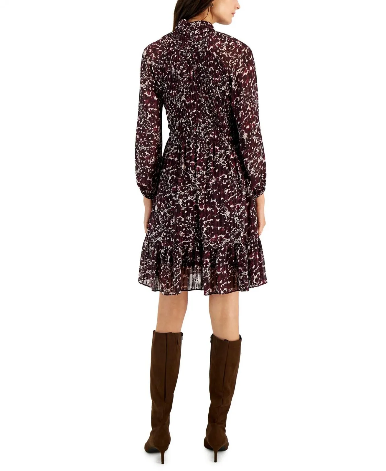 Taylor Women's Printed Mock-Neck Smocked Long-Sleeve Dress 3016M