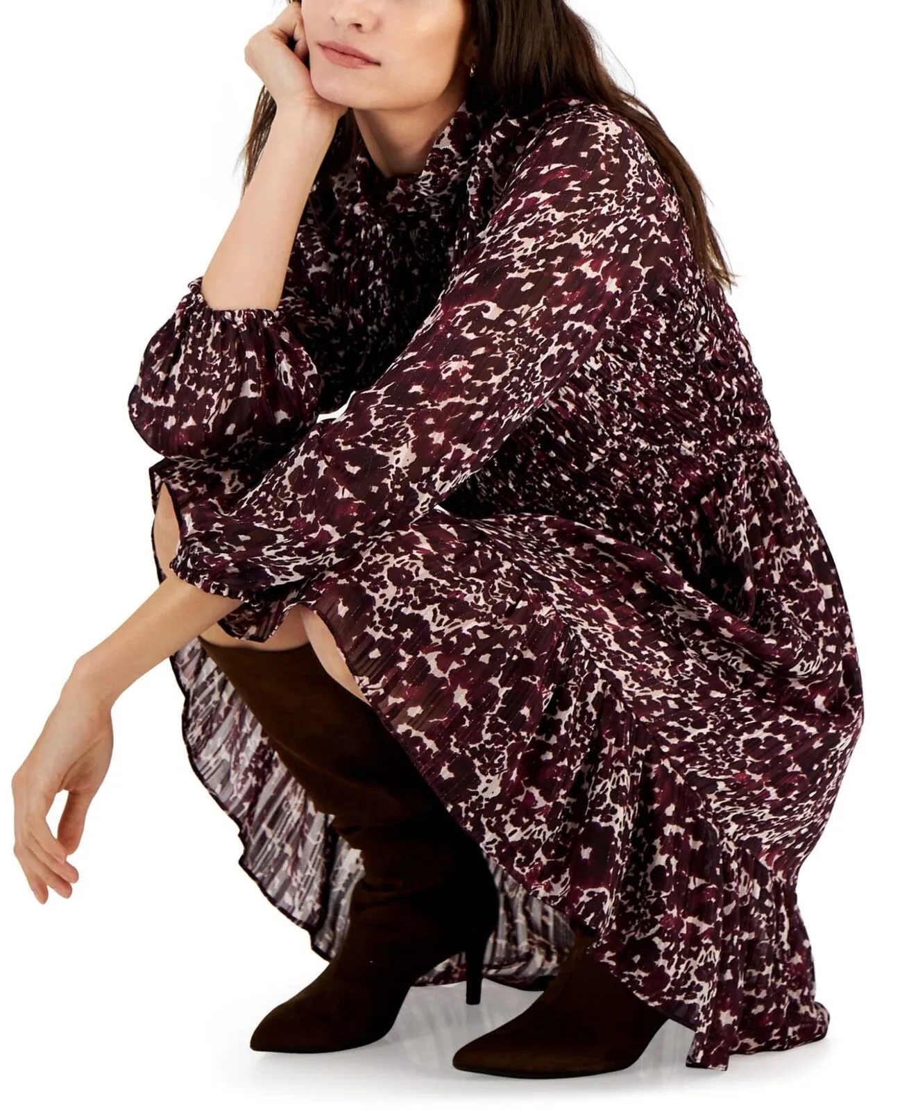 Taylor Women's Printed Mock-Neck Smocked Long-Sleeve Dress 3016M