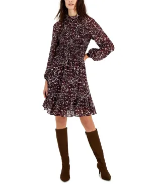 Taylor Women's Printed Mock-Neck Smocked Long-Sleeve Dress 3016M