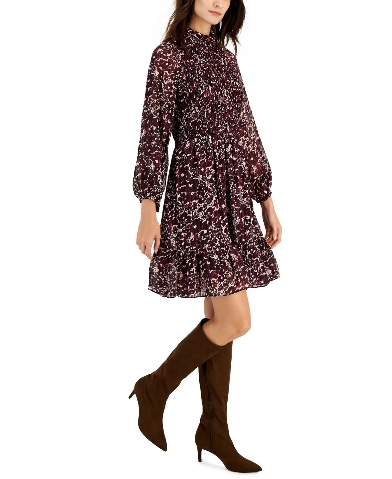 Taylor Women's Printed Mock-Neck Smocked Long-Sleeve Dress 3016M