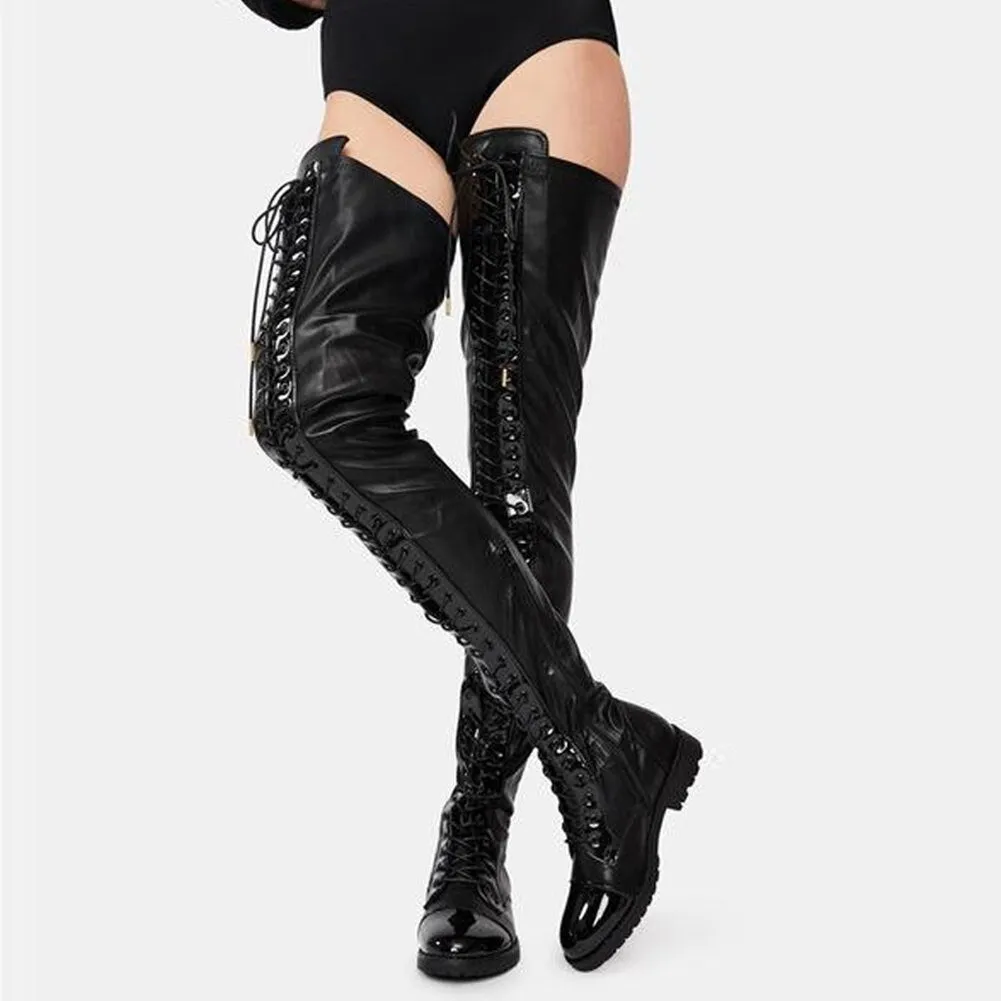 Thigh High Boots Women Winter Shoes Low Heels Lace-up Punk Shoes