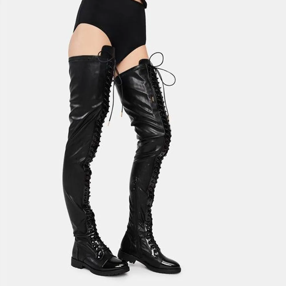 Thigh High Boots Women Winter Shoes Low Heels Lace-up Punk Shoes