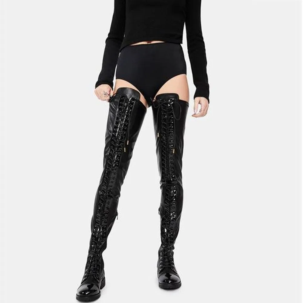 Thigh High Boots Women Winter Shoes Low Heels Lace-up Punk Shoes