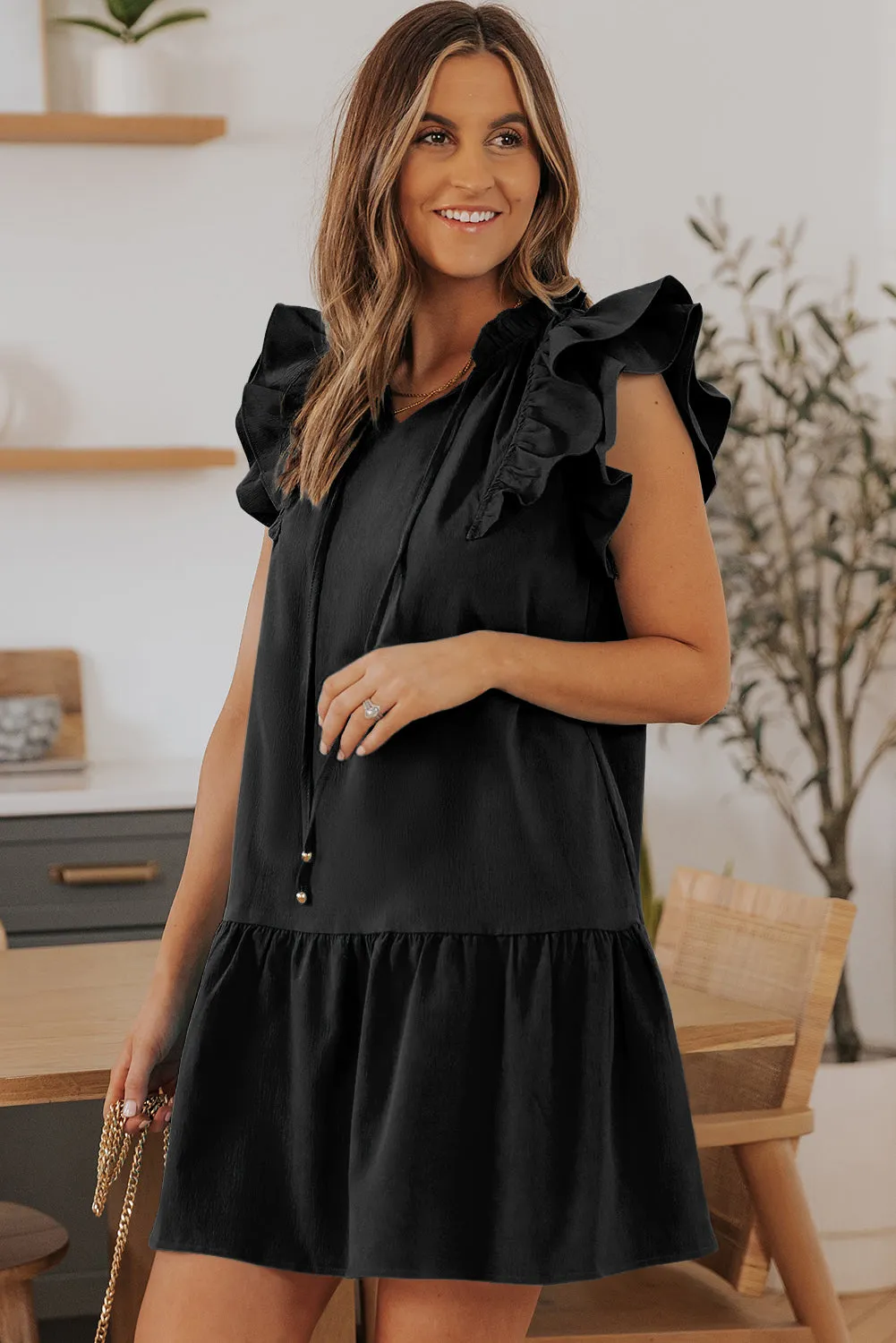 Tiered Ruffled Sleeves Mini Dress with Pockets