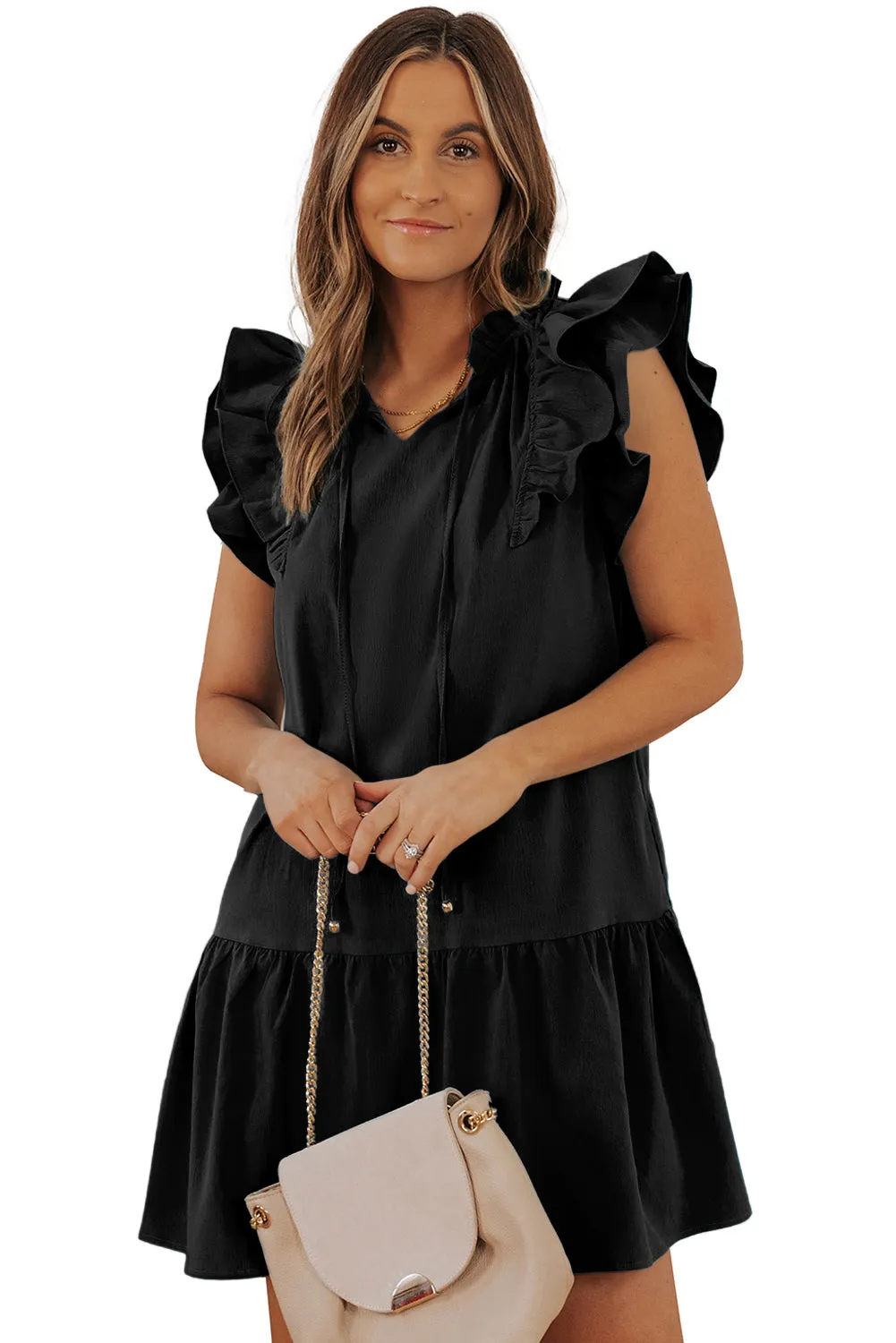 Tiered Ruffled Sleeves Mini Dress with Pockets