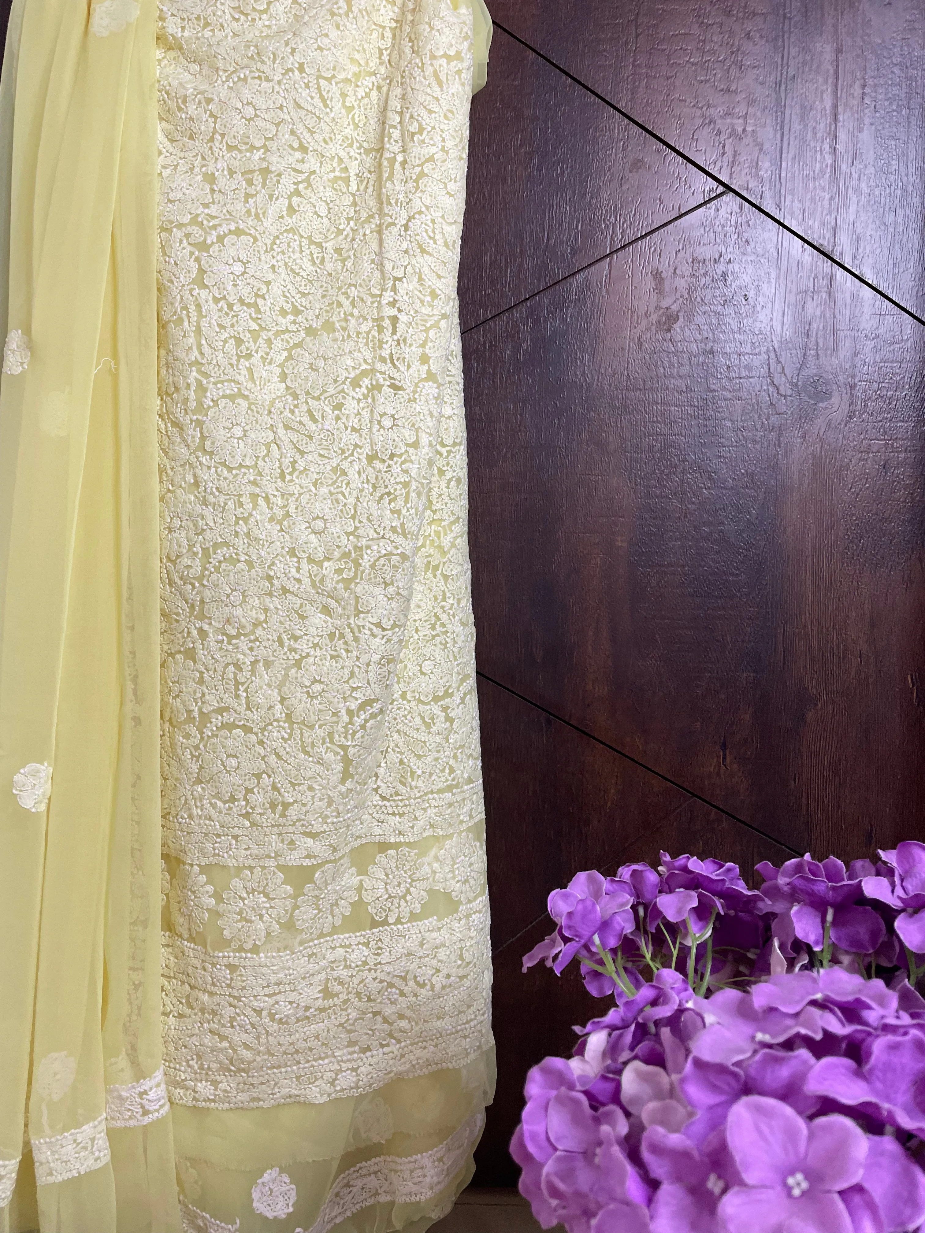 Trending Lemon Yellow Casual Georgette Chikankari Salwar Kameez Unstitched online