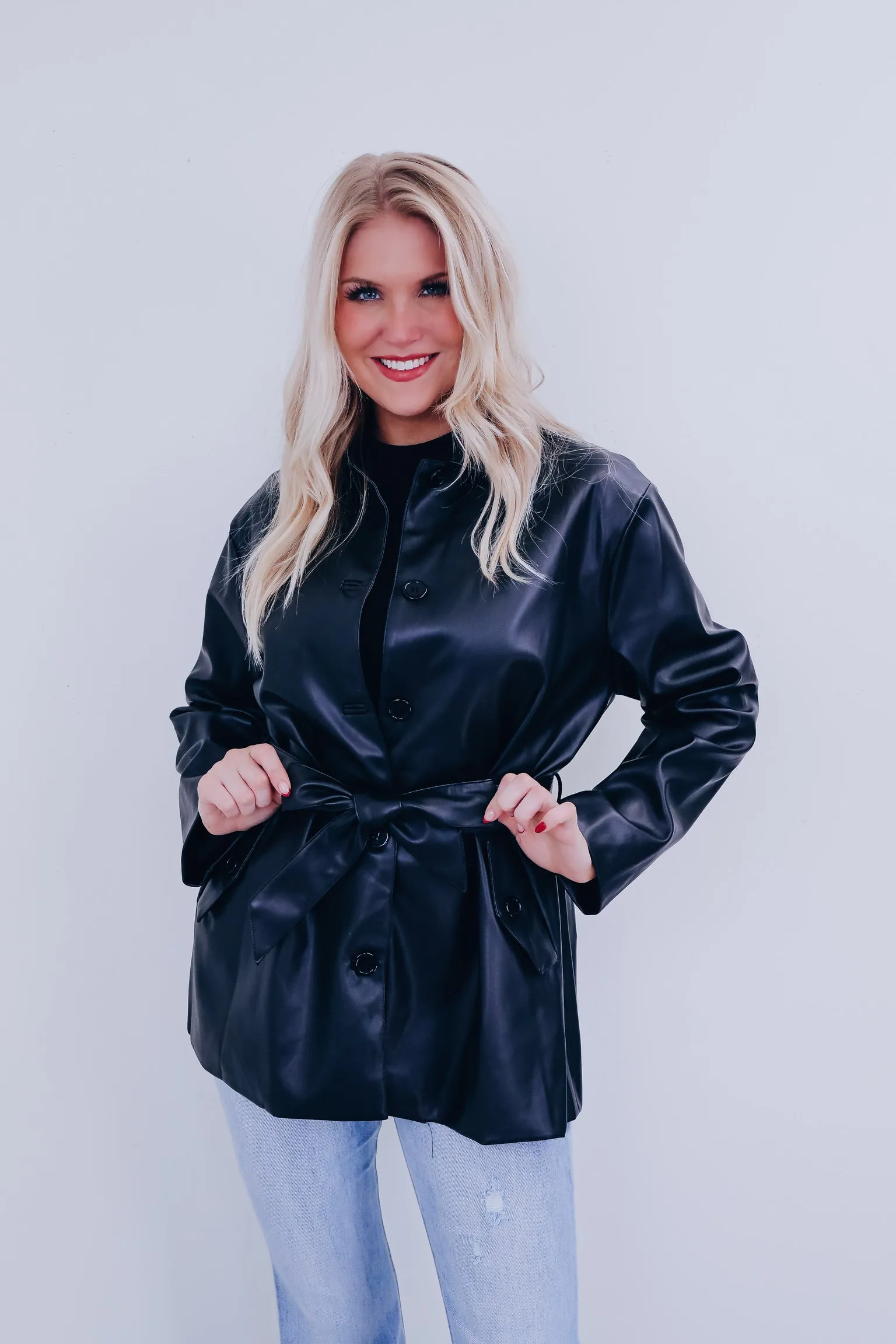 Tulsa Tie Front Faux Leather Jacket - Black