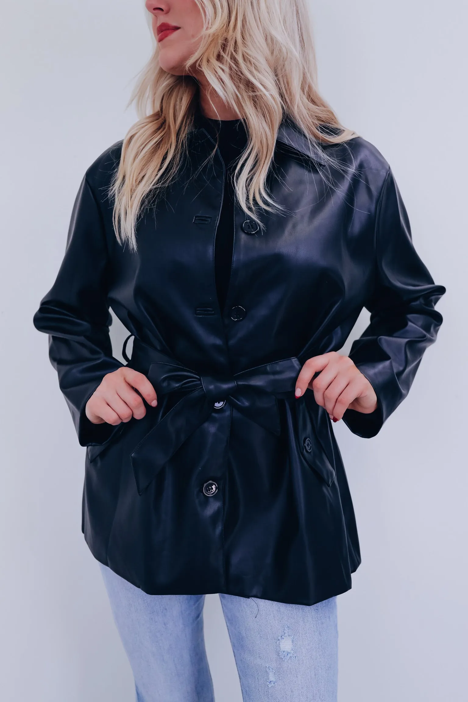 Tulsa Tie Front Faux Leather Jacket - Black
