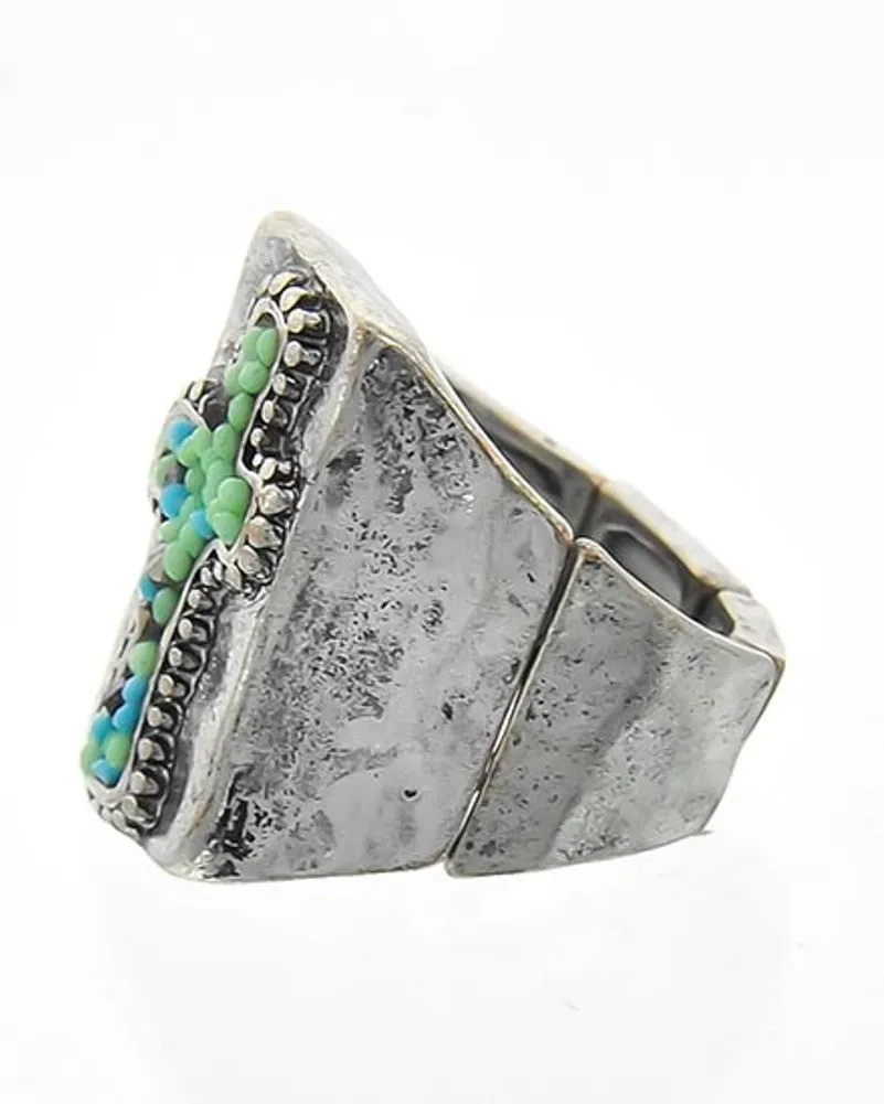 Turquoise Seed Bead Stretch Cross Ring