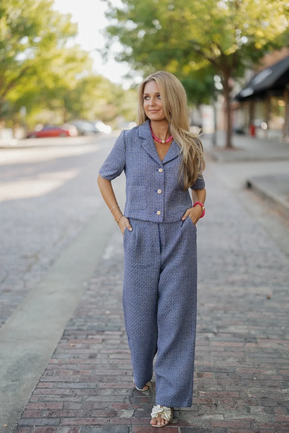 Twyla Blue & Brown Tweed Top