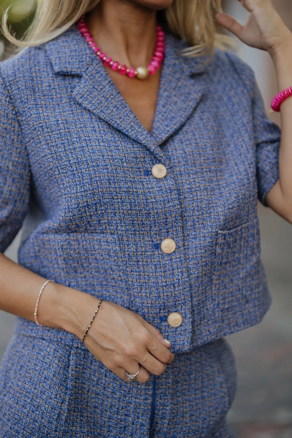 Twyla Blue & Brown Tweed Top