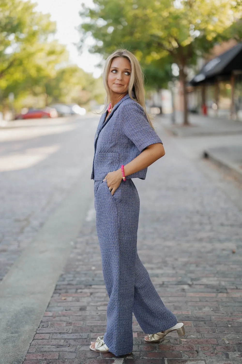 Twyla Blue & Brown Tweed Top