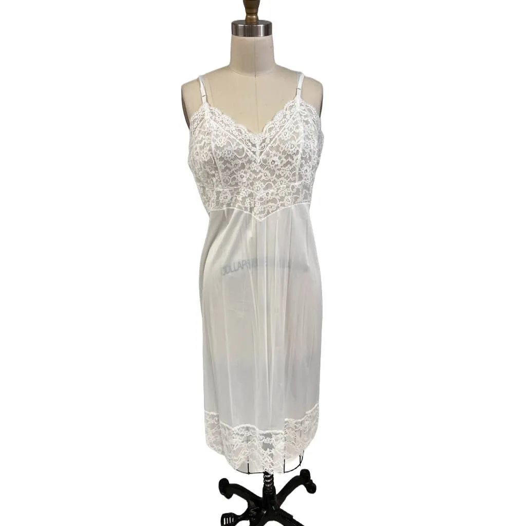 VTG Vanity Fair 1950s White Full Slip - 100% Nylon - Sheer Lace Cups - Size 40T
