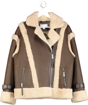 Warehouse Brown Wool Lined Shearling Biker Jacket UK 12