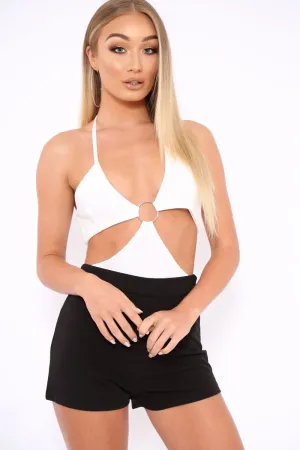 White Halterneck Ring Front Extreme Cut Out Bodysuit - Helayna