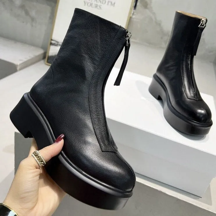 Women Cow Leather Front Zip Chelsea Boots
