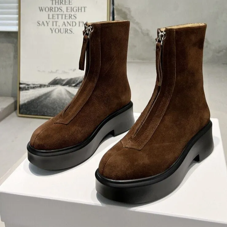 Women Cow Leather Front Zip Chelsea Boots