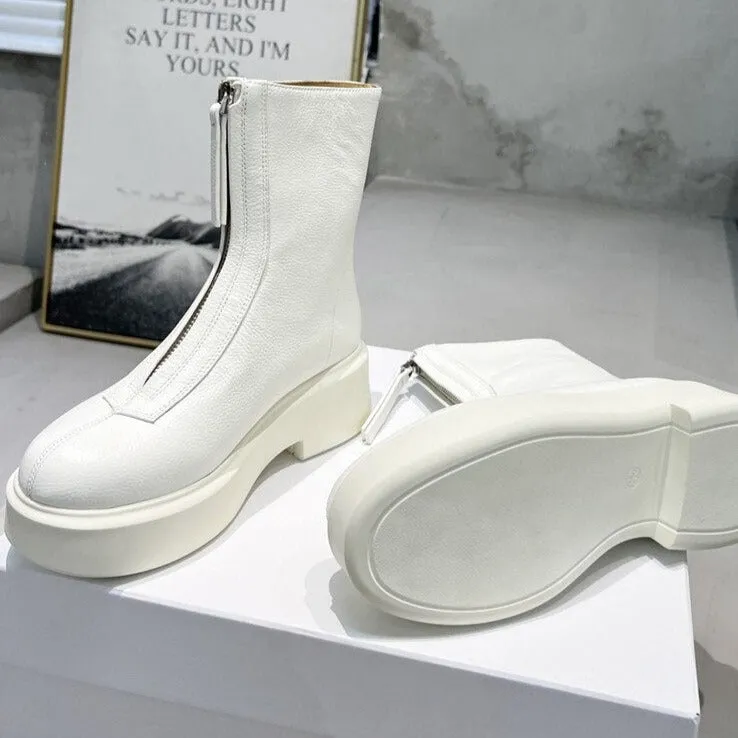 Women Cow Leather Front Zip Chelsea Boots