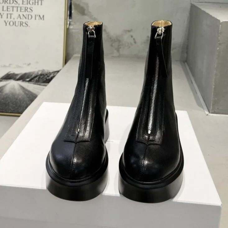 Women Cow Leather Front Zip Chelsea Boots