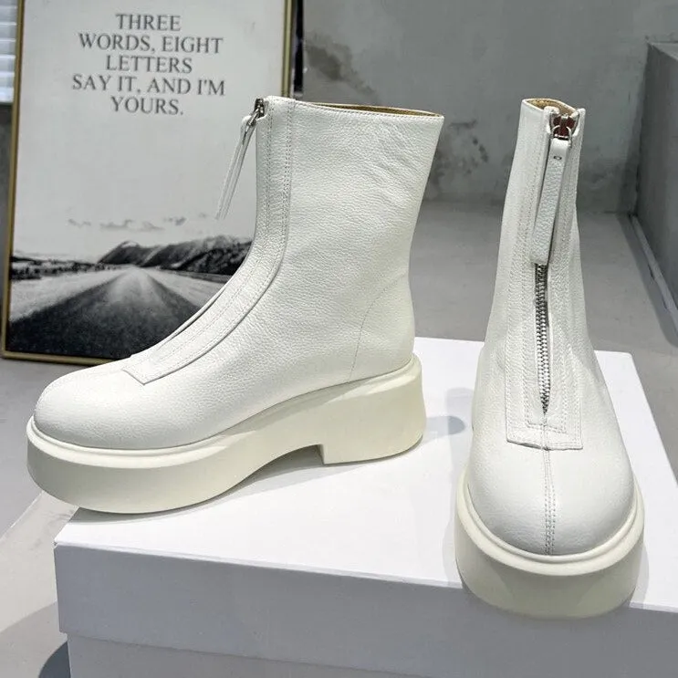 Women Cow Leather Front Zip Chelsea Boots