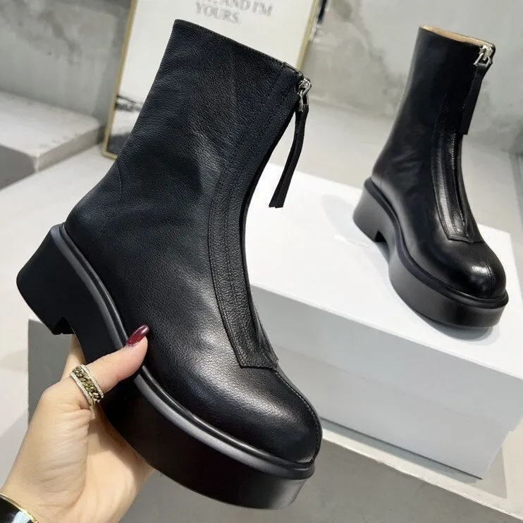 Women Cow Leather Front Zip Chelsea Boots
