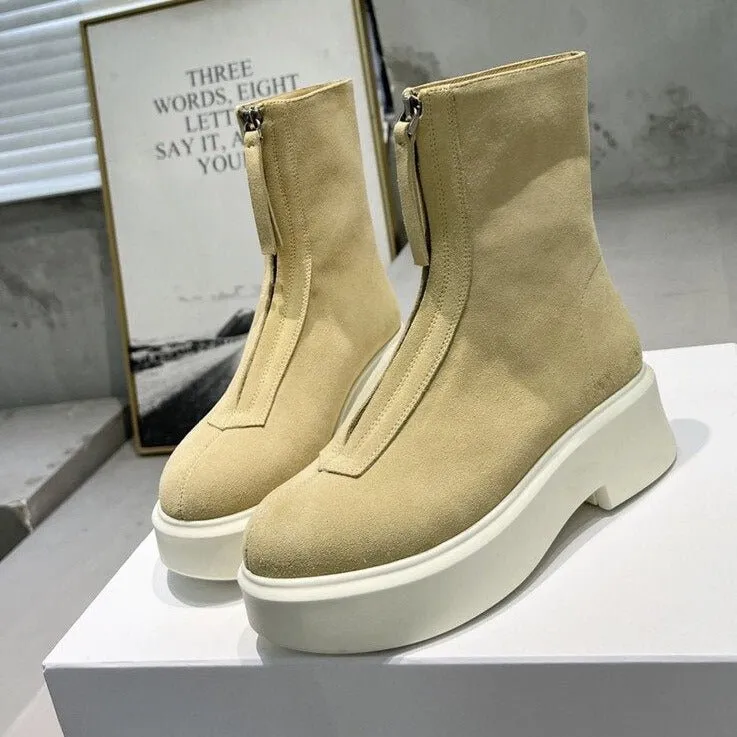 Women Cow Leather Front Zip Chelsea Boots